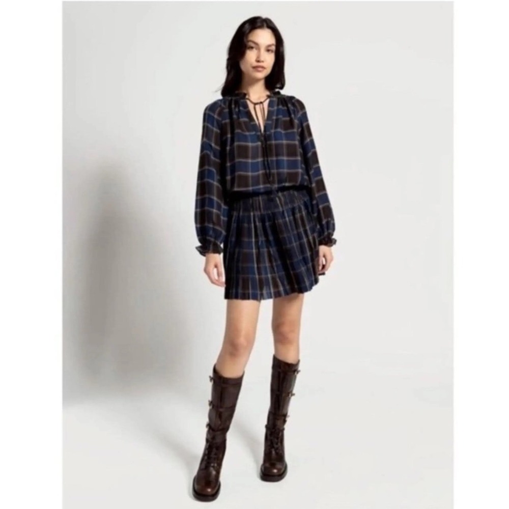Anthropologie Current Air Plaid Mini Dress S Smocked Pleats Preppy Dark Academia